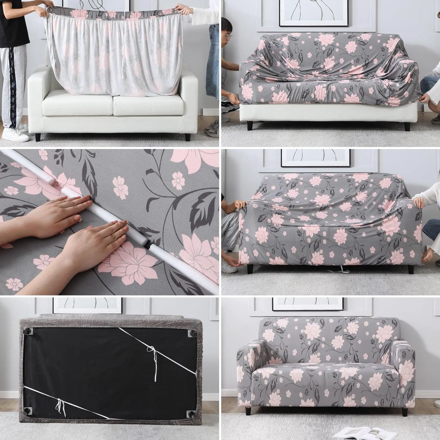 Elastic Stretchable Printed Sofa Cover, Grey Dahila