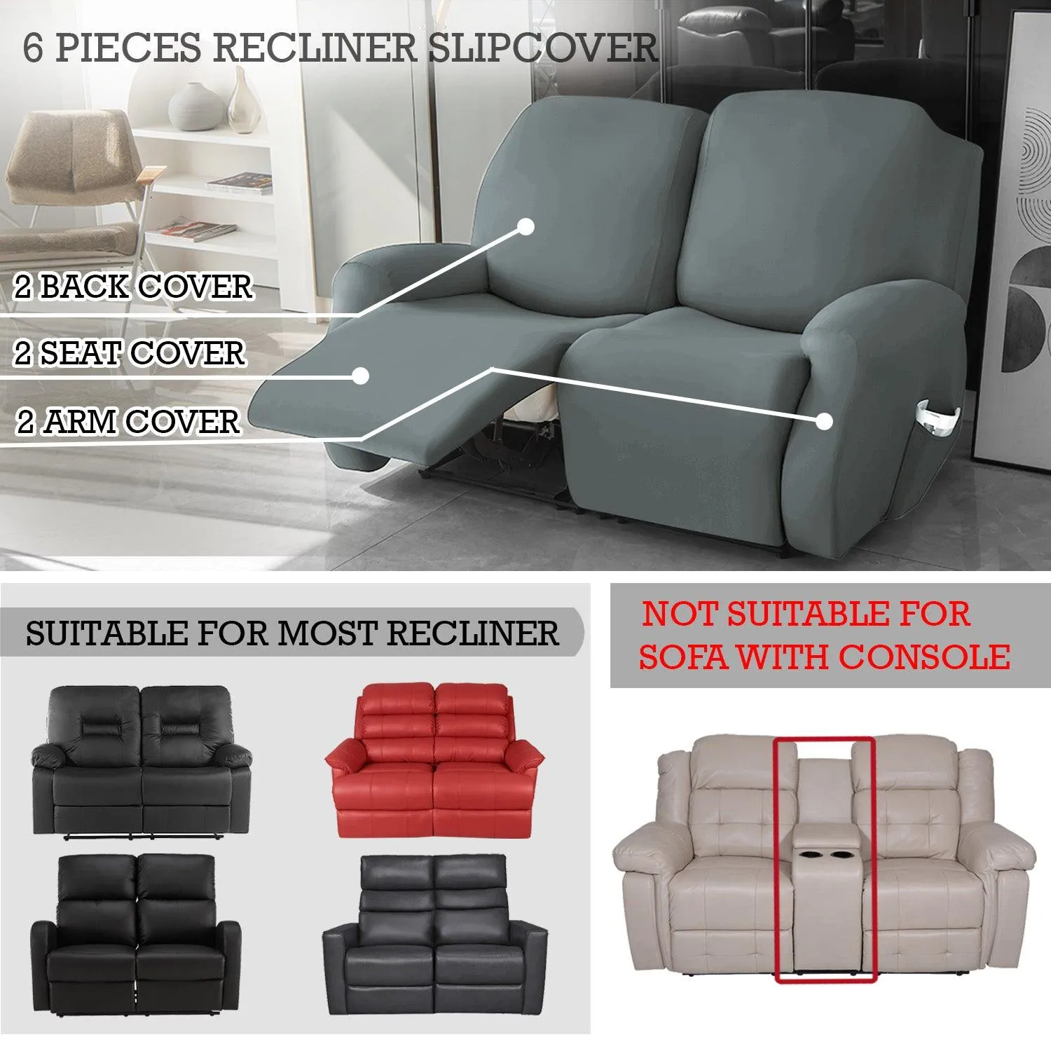 Elastic Stretchable Recliner Sofa Cover, Smokey Grey