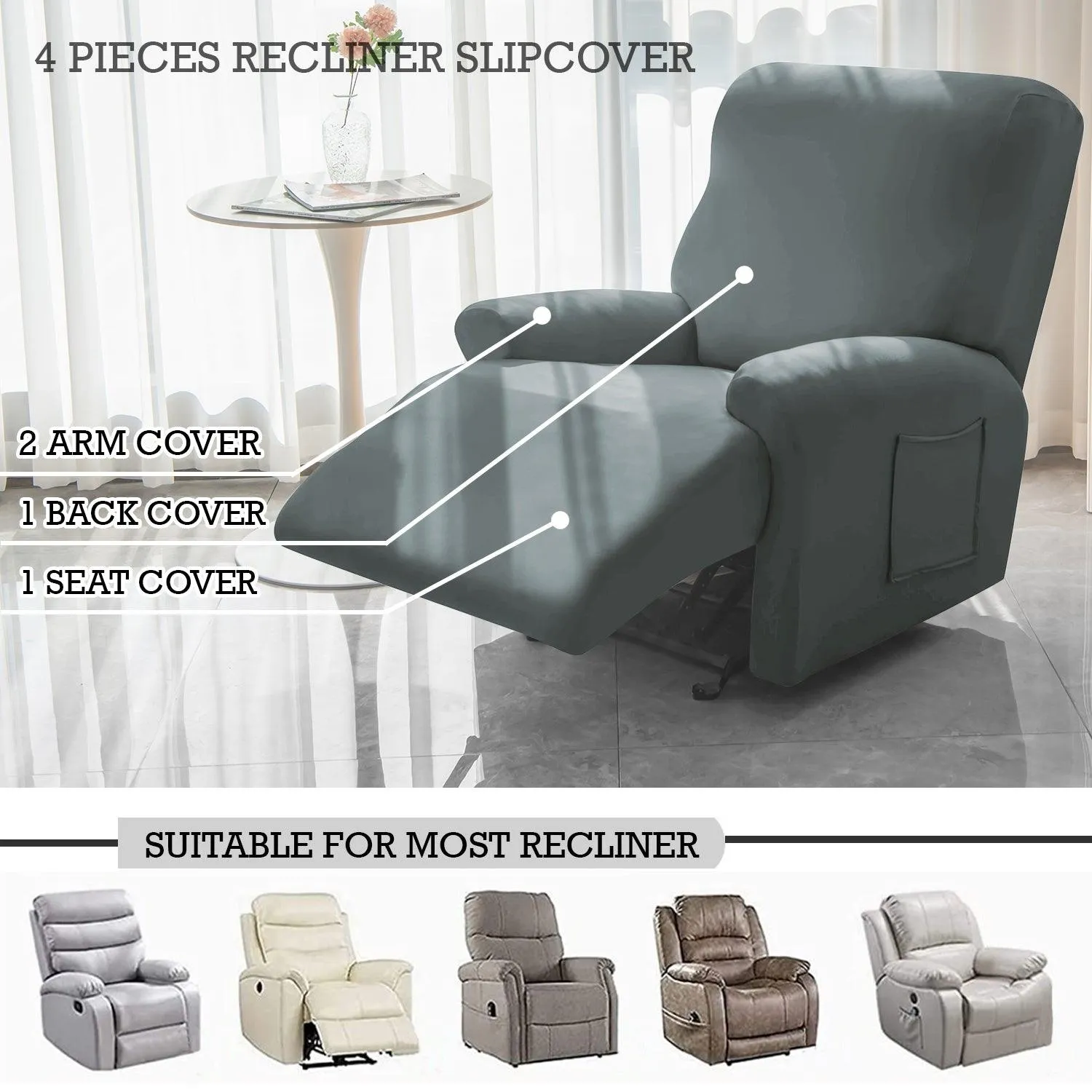 Elastic Stretchable Recliner Sofa Cover, Smokey Grey
