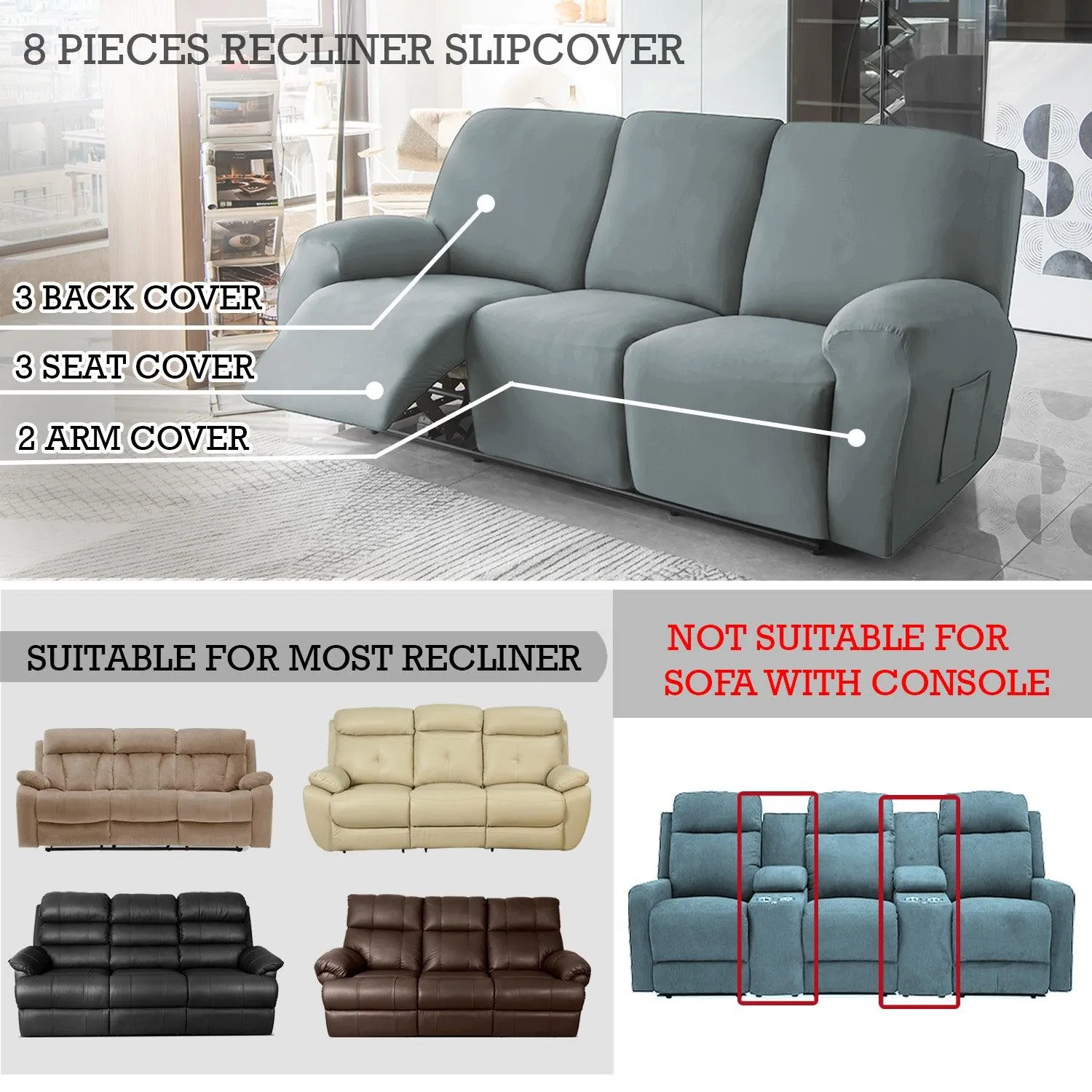 Elastic Stretchable Recliner Sofa Cover, Smokey Grey