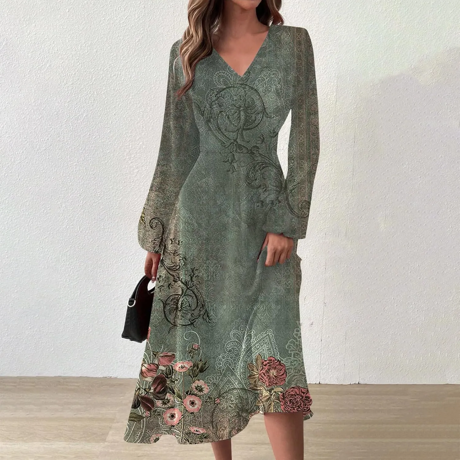 Elegant Women's Long Sleeve Floral Print V-Neck A-Line Midi Beach Dress Perfect for Casual and Formal Occasions
