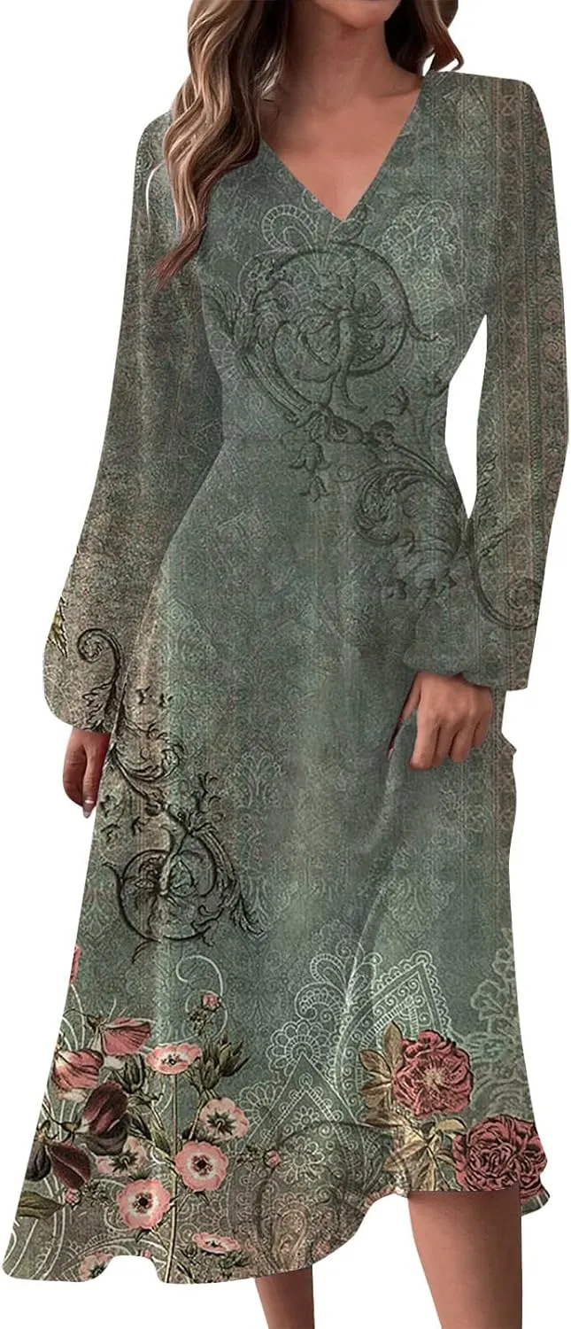 Elegant Women's Long Sleeve Floral Print V-Neck A-Line Midi Beach Dress Perfect for Casual and Formal Occasions