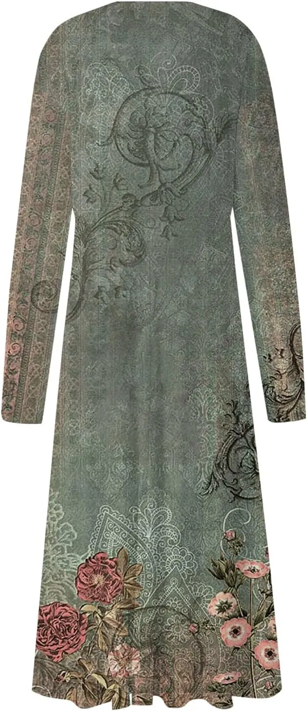 Elegant Women's Long Sleeve Floral Print V-Neck A-Line Midi Beach Dress Perfect for Casual and Formal Occasions