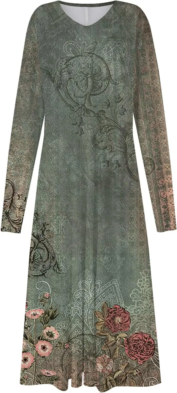 Elegant Women's Long Sleeve Floral Print V-Neck A-Line Midi Beach Dress Perfect for Casual and Formal Occasions