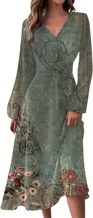 Elegant Women's Long Sleeve Floral Print V-Neck A-Line Midi Beach Dress Perfect for Casual and Formal Occasions