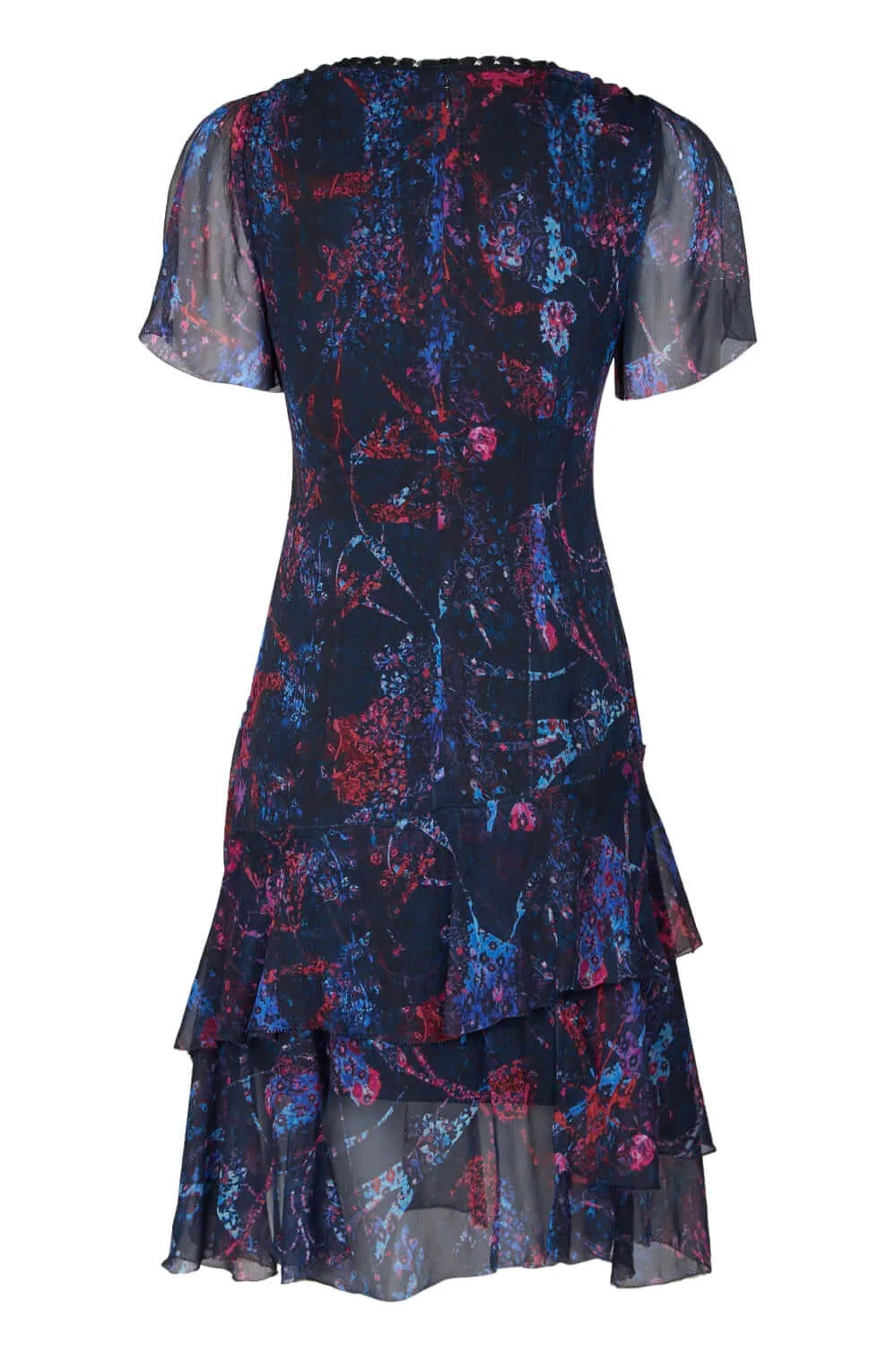 Elie Tahari Embellished V-Neck Slit Short Sleeve Zipper Back Tiered Hem Silk Dress