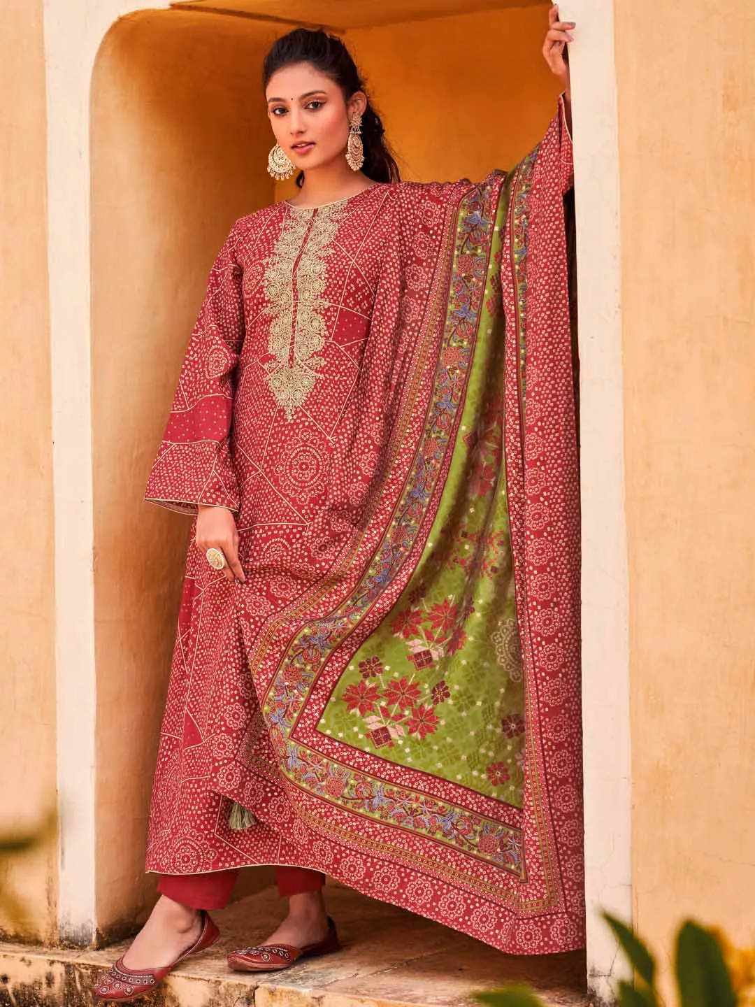 Embroidered Red Viscose Unstitched Women Suit Dress Materials