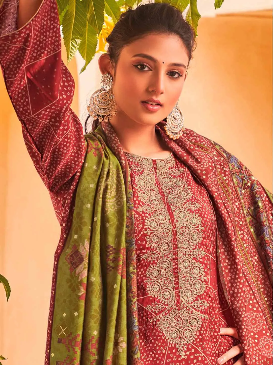 Embroidered Red Viscose Unstitched Women Suit Dress Materials