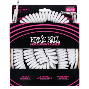 Ernie Ball E6045 Coiled Straight/Angle Instrument Cable - White - 30ft | Guitar Cables | P06045