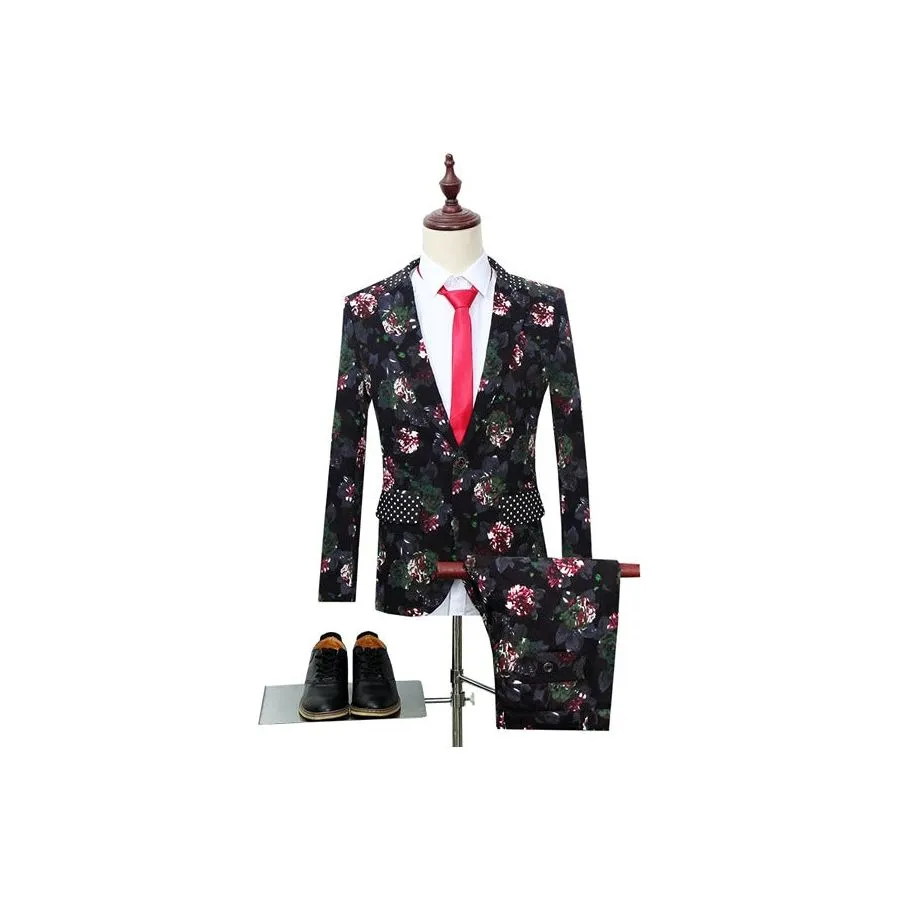Floral Chic Single Breasted Jacket Pant Suits