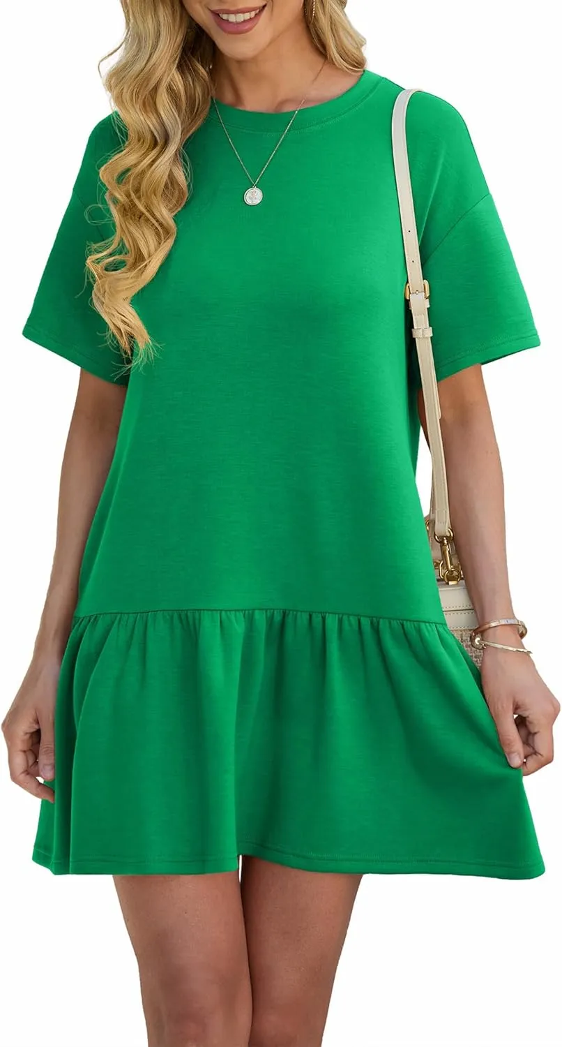 HiMONE Womens Tshirt Dress Summer Casual Crewneck Solid Loose Petite Dresses with Pockets Loose Fit XS-2XL