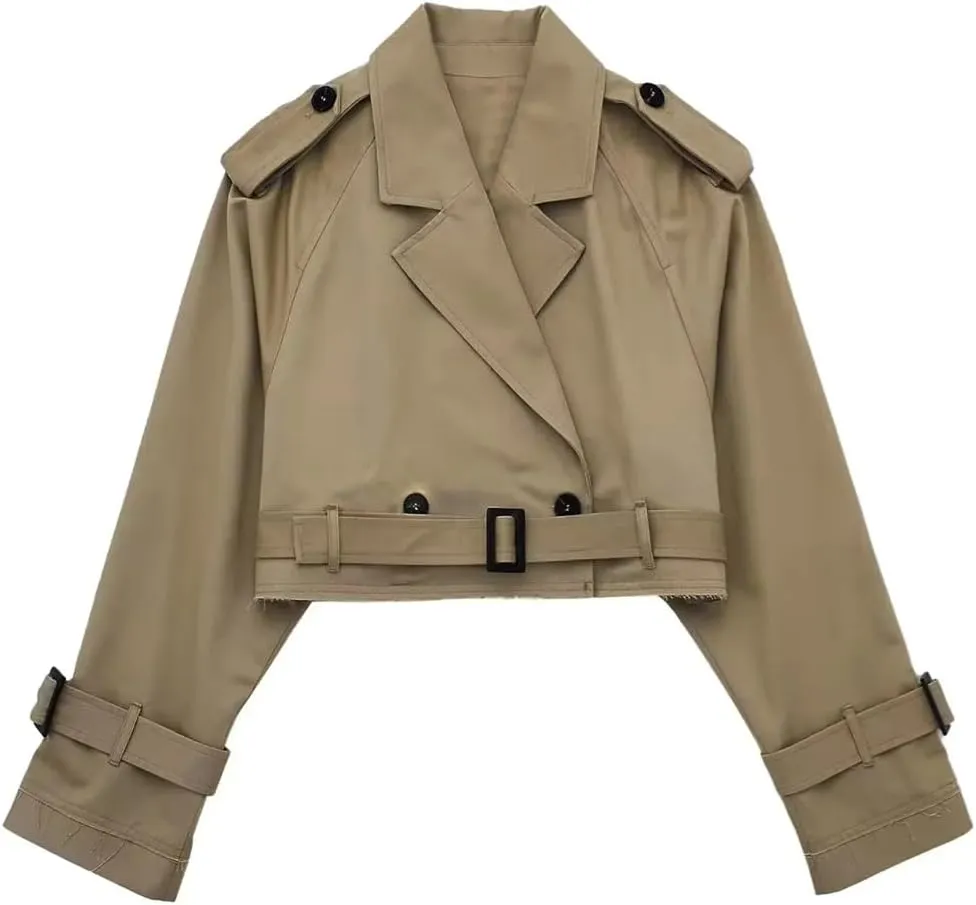 HOULENGS Cropped Trench Coat for Women Casual Long Sleeve Motorcycle Jacket Double Breasted Pea Coat Outwear with Belt