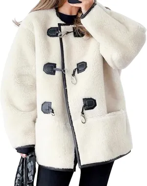 HOULENGS Women's Long Sleeve Sherpa Fleece Jackets Button Down Faux Fuzzy Coat Winter Warm Outwear with Pockets