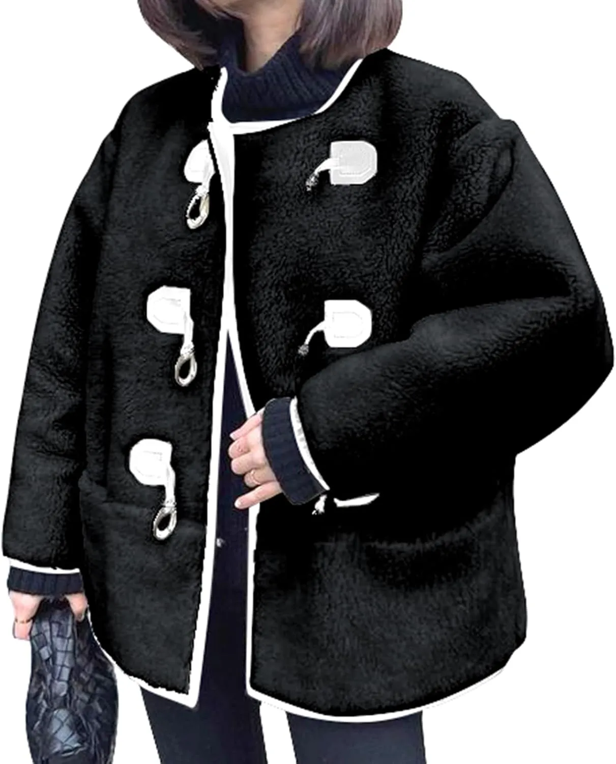 HOULENGS Women's Long Sleeve Sherpa Fleece Jackets Button Down Faux Fuzzy Coat Winter Warm Outwear with Pockets