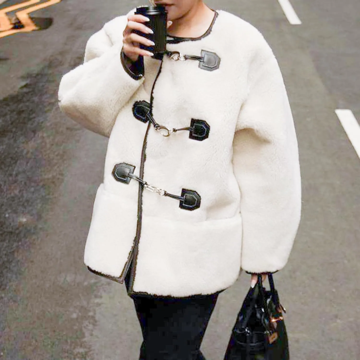 HOULENGS Women's Long Sleeve Sherpa Fleece Jackets Button Down Faux Fuzzy Coat Winter Warm Outwear with Pockets