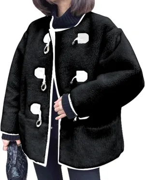 HOULENGS Women's Long Sleeve Sherpa Fleece Jackets Button Down Faux Fuzzy Coat Winter Warm Outwear with Pockets