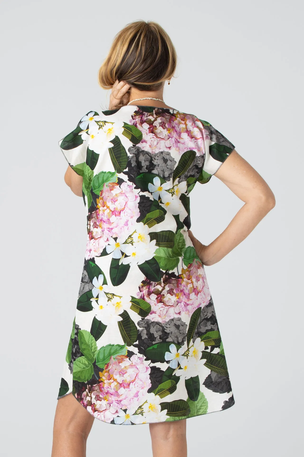 Hydrangea Print Linen Silk Short Sleeve Dress