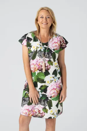 Hydrangea Print Linen Silk Short Sleeve Dress
