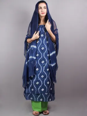 Indigo White Hand Block Printed Chanderi Unstitched Kurta & Shiffon Dupatta With Mint Green Cotton Salwar - S1628020