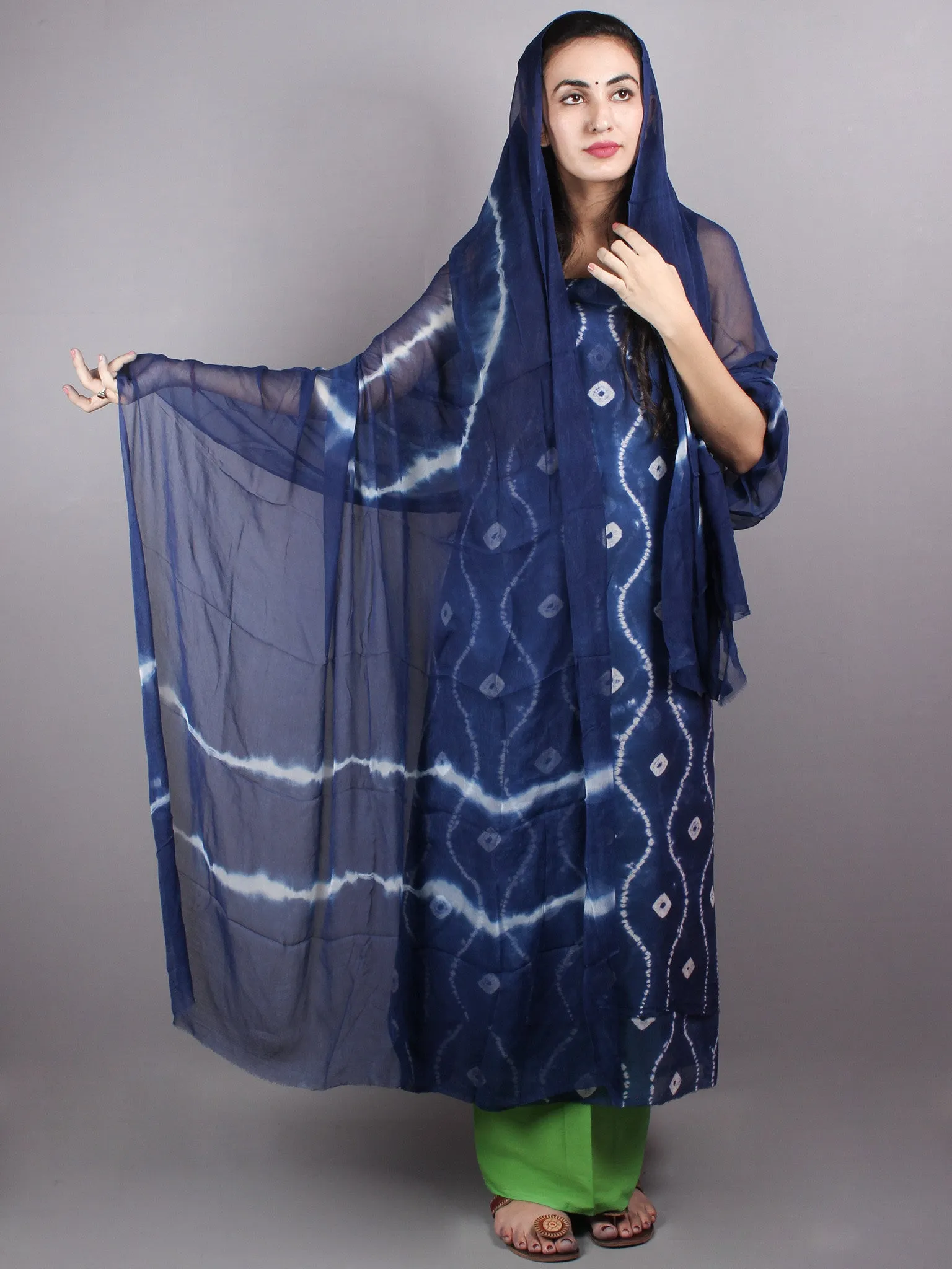 Indigo White Hand Block Printed Chanderi Unstitched Kurta & Shiffon Dupatta With Mint Green Cotton Salwar - S1628020