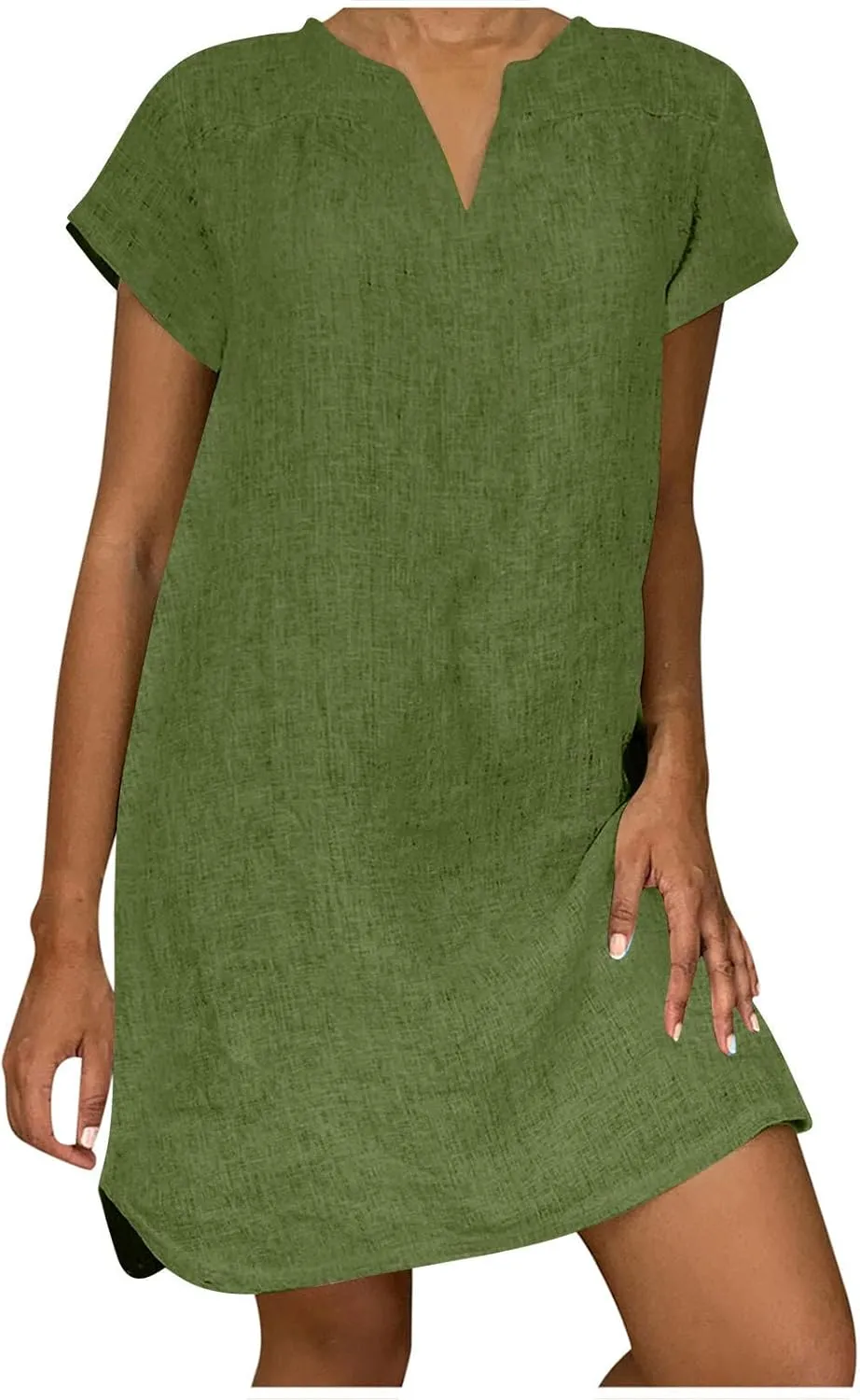 JOAU Womens Cotton Linen Shirt Dress Summer Casual Short Sleeve Notched V Neck Beach Cover Up Knee Length Vacation Dresses