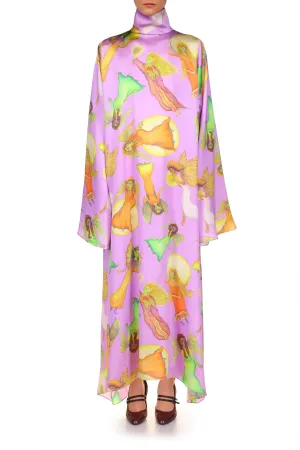 Lavender Fairy Printed Silk Satin Tunic Dress