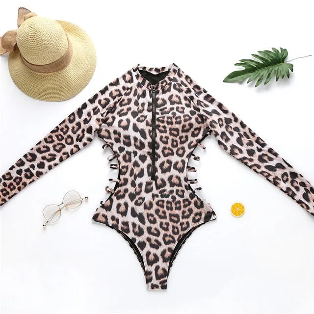 Leopard/Snake Skin One-Piece Zip-Up Swim Suit
