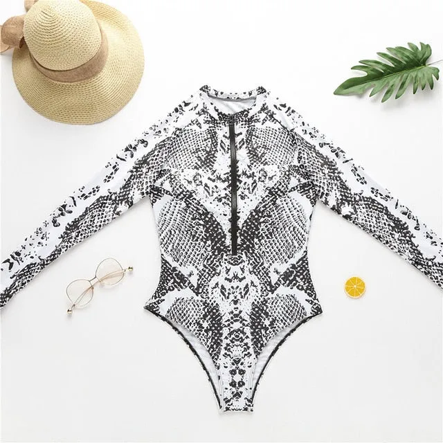 Leopard/Snake Skin One-Piece Zip-Up Swim Suit