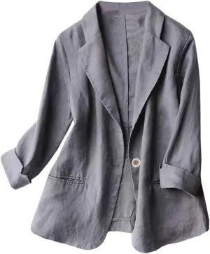Linen Blazer Women Casual Solid 3/4 Sleeve Suit Blazer Notch Lapel One Button Suit Coat Jackets Loose Casual Blazers