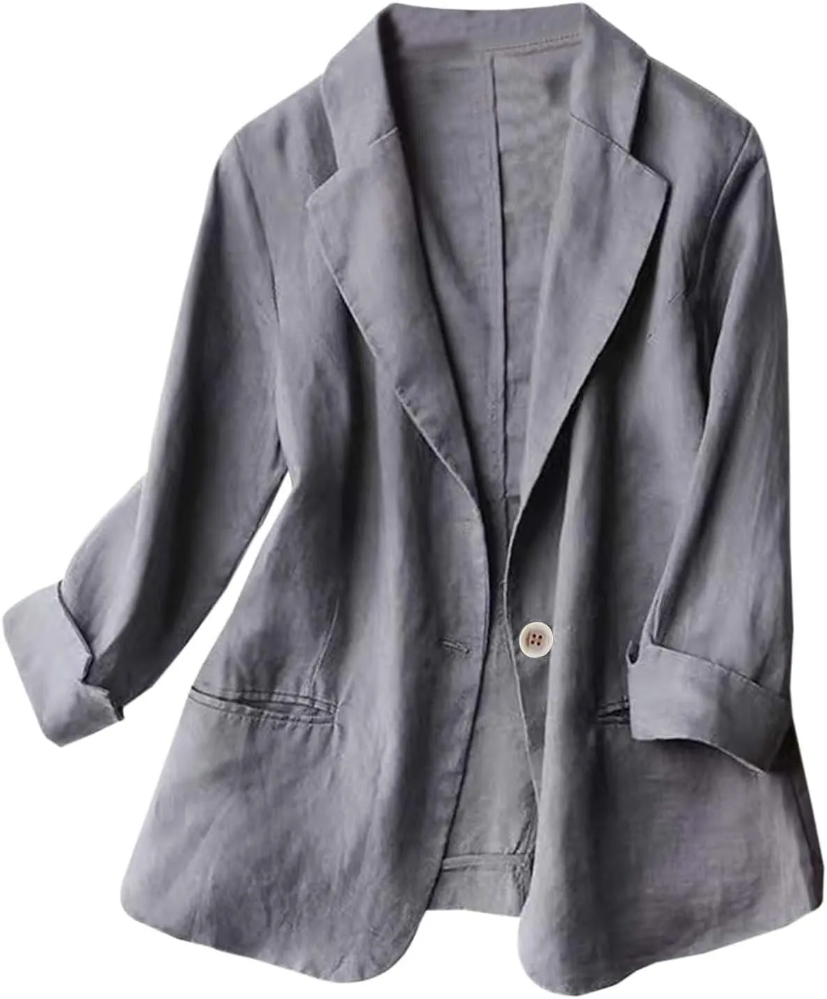 Linen Blazer Women Casual Solid 3/4 Sleeve Suit Blazer Notch Lapel One Button Suit Coat Jackets Loose Casual Blazers