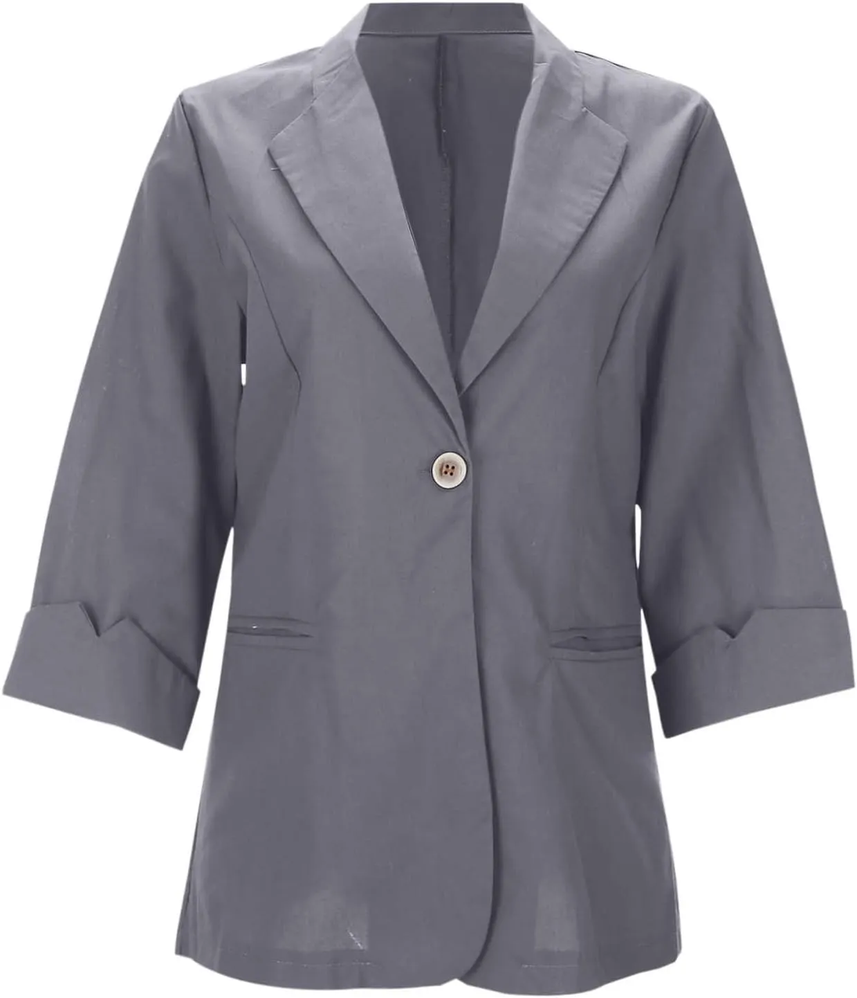 Linen Blazer Women Casual Solid 3/4 Sleeve Suit Blazer Notch Lapel One Button Suit Coat Jackets Loose Casual Blazers