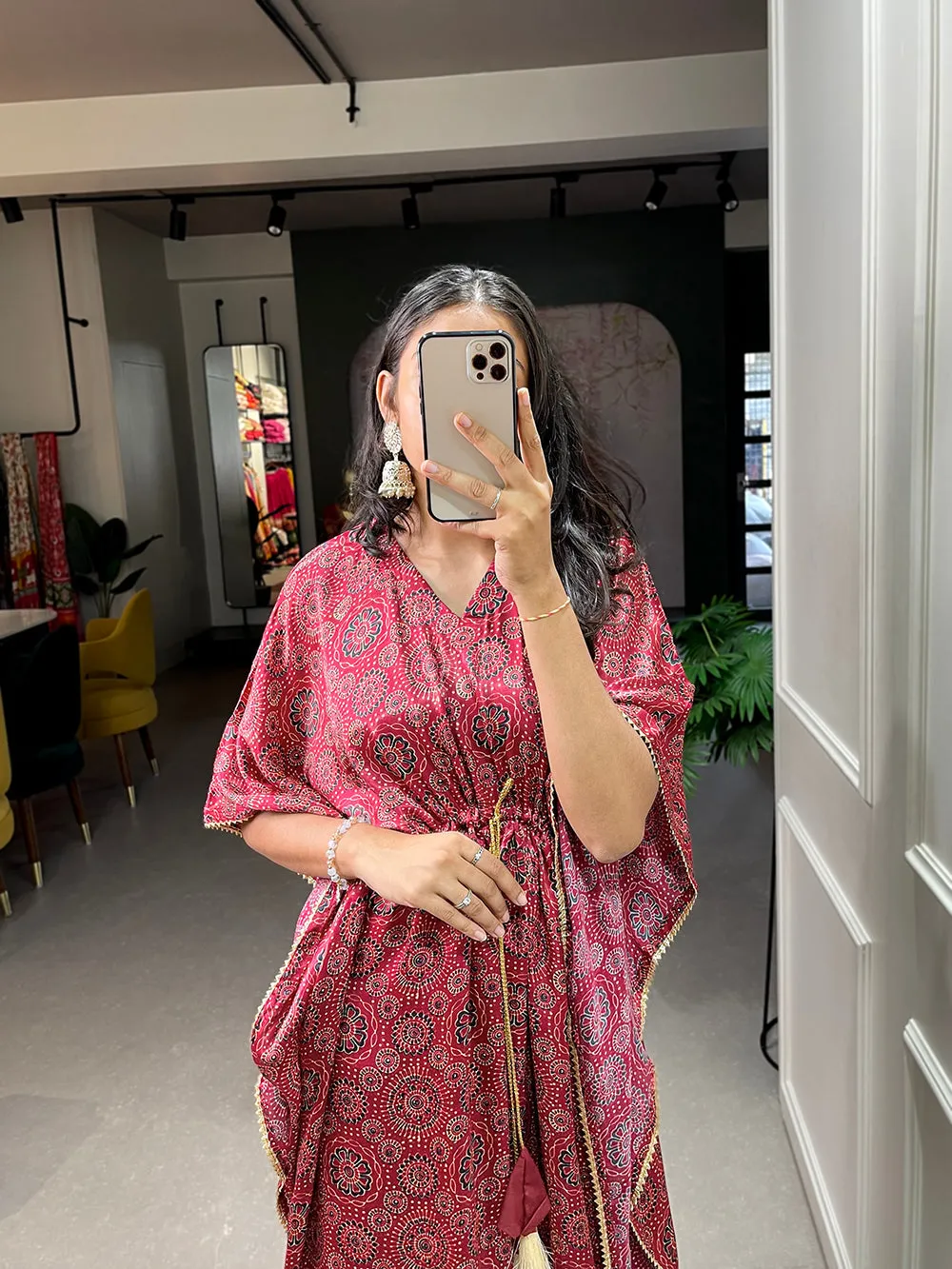 Maroon Color Digital Print With Gotta Patti Lace Border Gaji Silk Kaftan