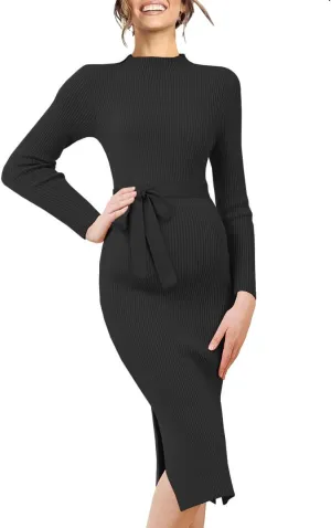 Maternity Sweater Dress Long Sleeve Turtleneck Ribbed Side Slit Bodycon Nursing Midi Dress Pregnancy Clothes