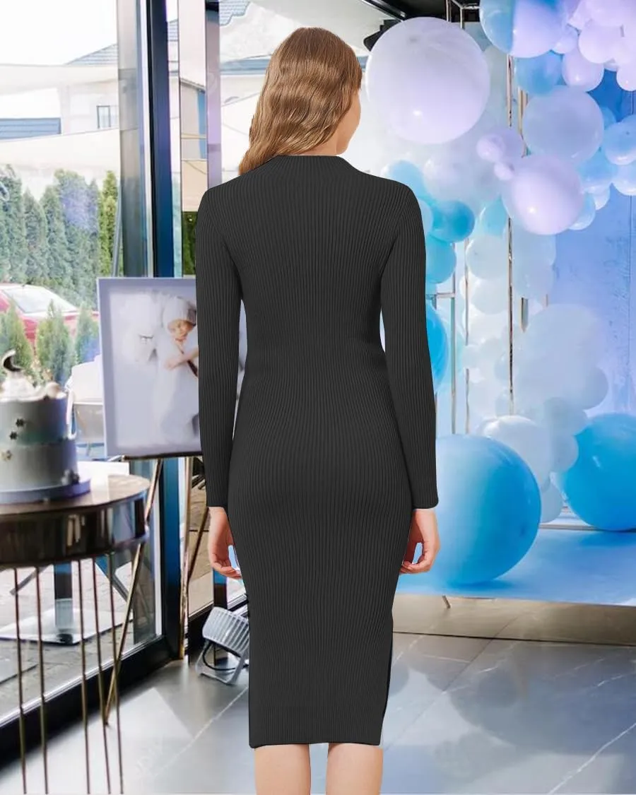 Maternity Sweater Dress Long Sleeve Turtleneck Ribbed Side Slit Bodycon Nursing Midi Dress Pregnancy Clothes