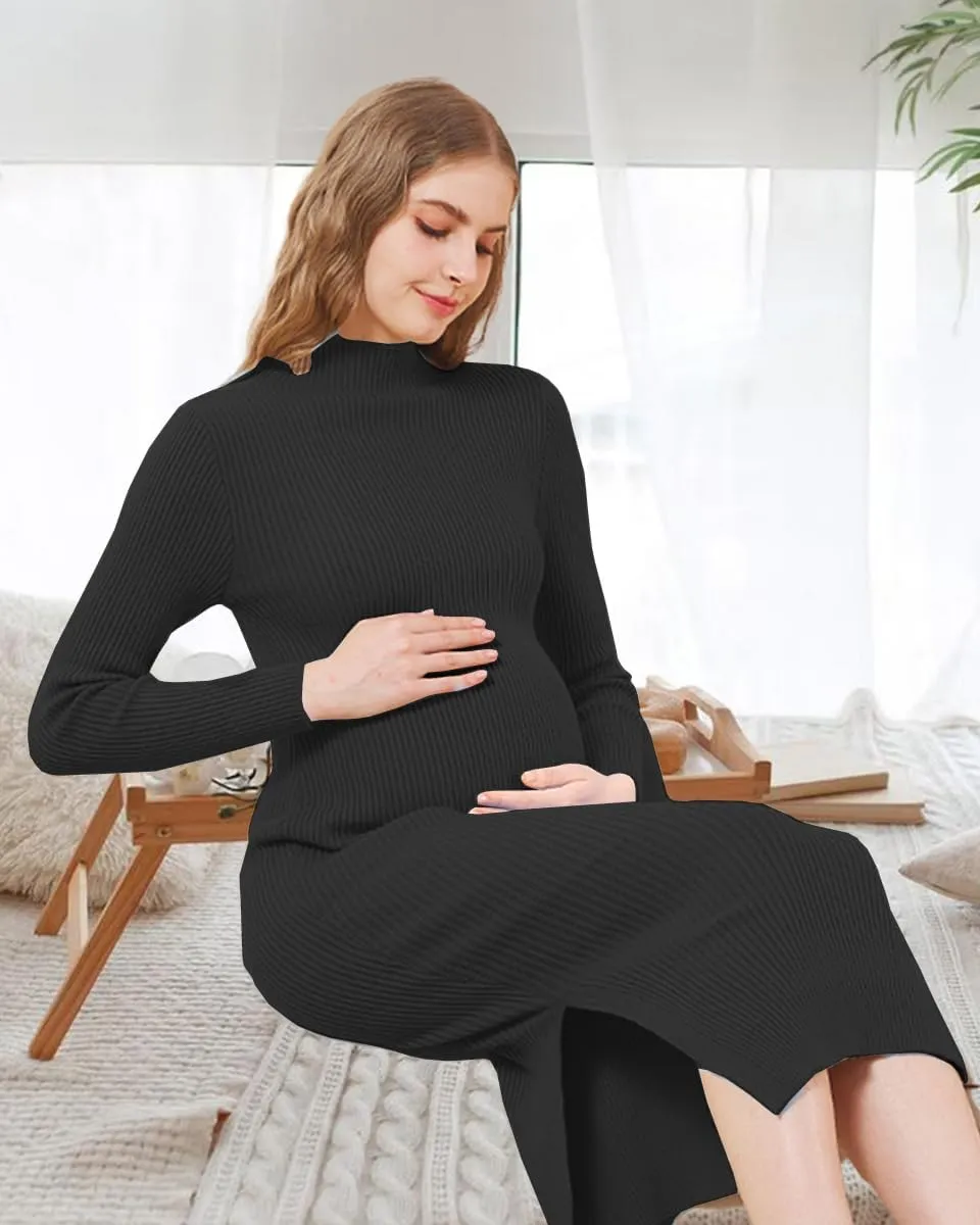 Maternity Sweater Dress Long Sleeve Turtleneck Ribbed Side Slit Bodycon Nursing Midi Dress Pregnancy Clothes