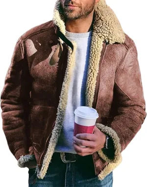 Men's Aviator Bomber Jacket Faux Fur Suede Sherpa Lined Jackets Fur Collar Lapel Casual Coat with Pockets