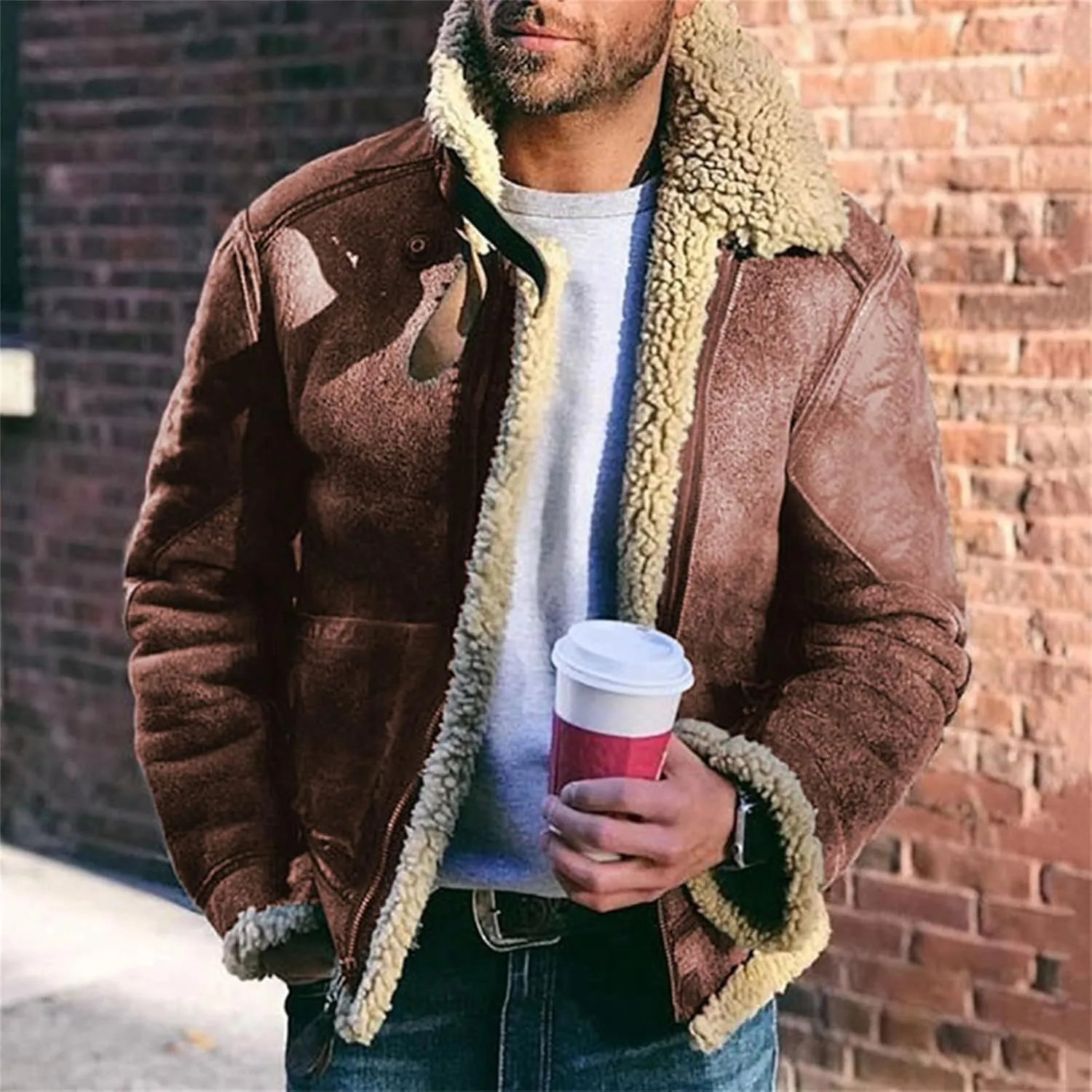 Men's Aviator Bomber Jacket Faux Fur Suede Sherpa Lined Jackets Fur Collar Lapel Casual Coat with Pockets