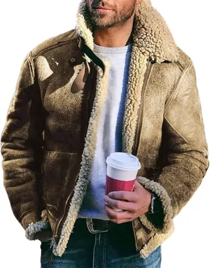 Men's Aviator Bomber Jacket Faux Fur Suede Sherpa Lined Jackets Fur Collar Lapel Casual Coat with Pockets