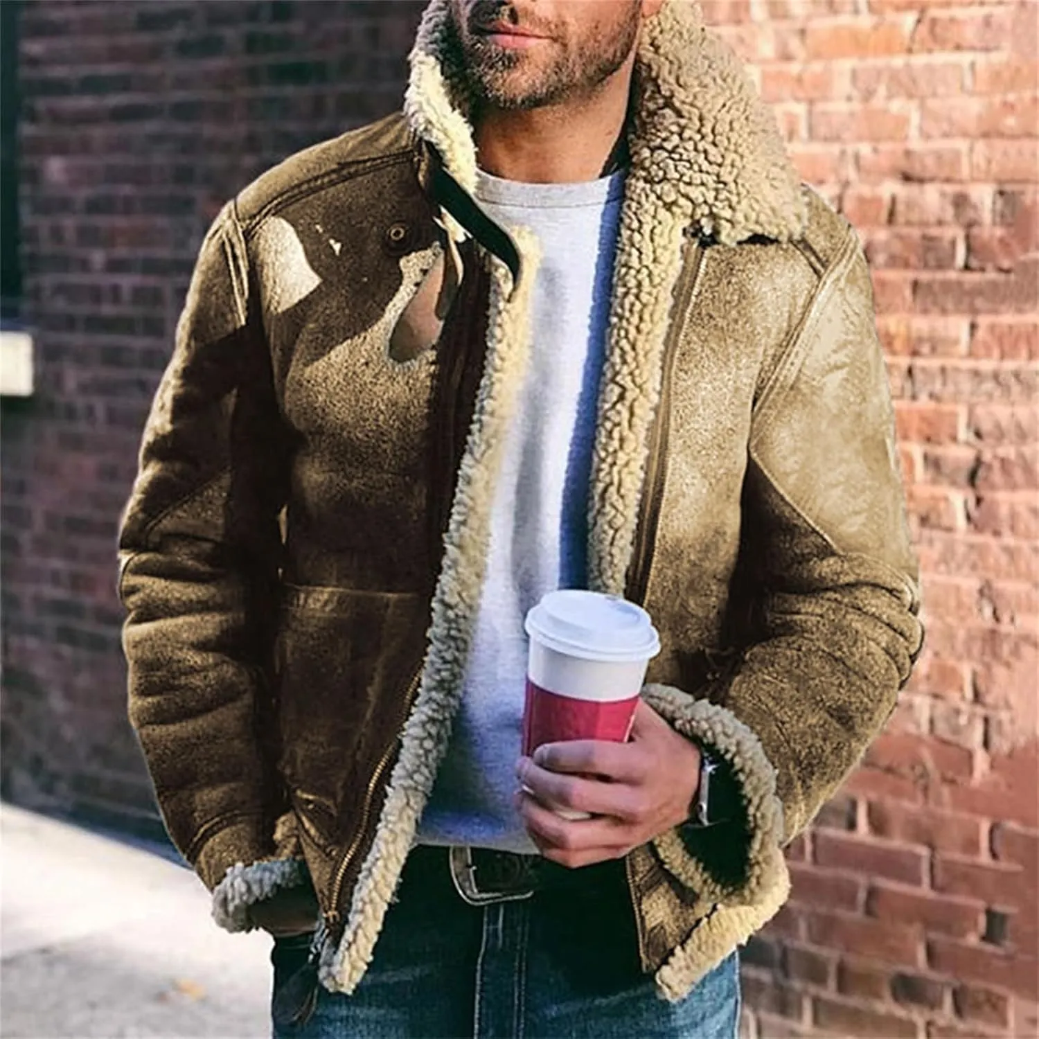 Men's Aviator Bomber Jacket Faux Fur Suede Sherpa Lined Jackets Fur Collar Lapel Casual Coat with Pockets
