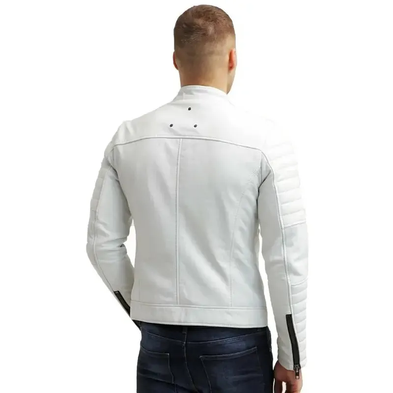 Mens Cafe Racer White Motorcycle Jacket