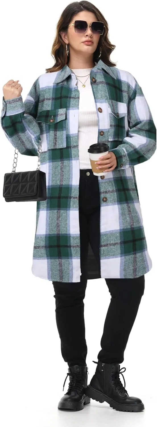 NIeyook Womens Plus Size Shacket Jacket 2024 Fall Plaid Flannel Button Down Shirts Long Sleeve Tartan Jackets Coats