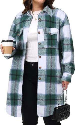 NIeyook Womens Plus Size Shacket Jacket 2024 Fall Plaid Flannel Button Down Shirts Long Sleeve Tartan Jackets Coats