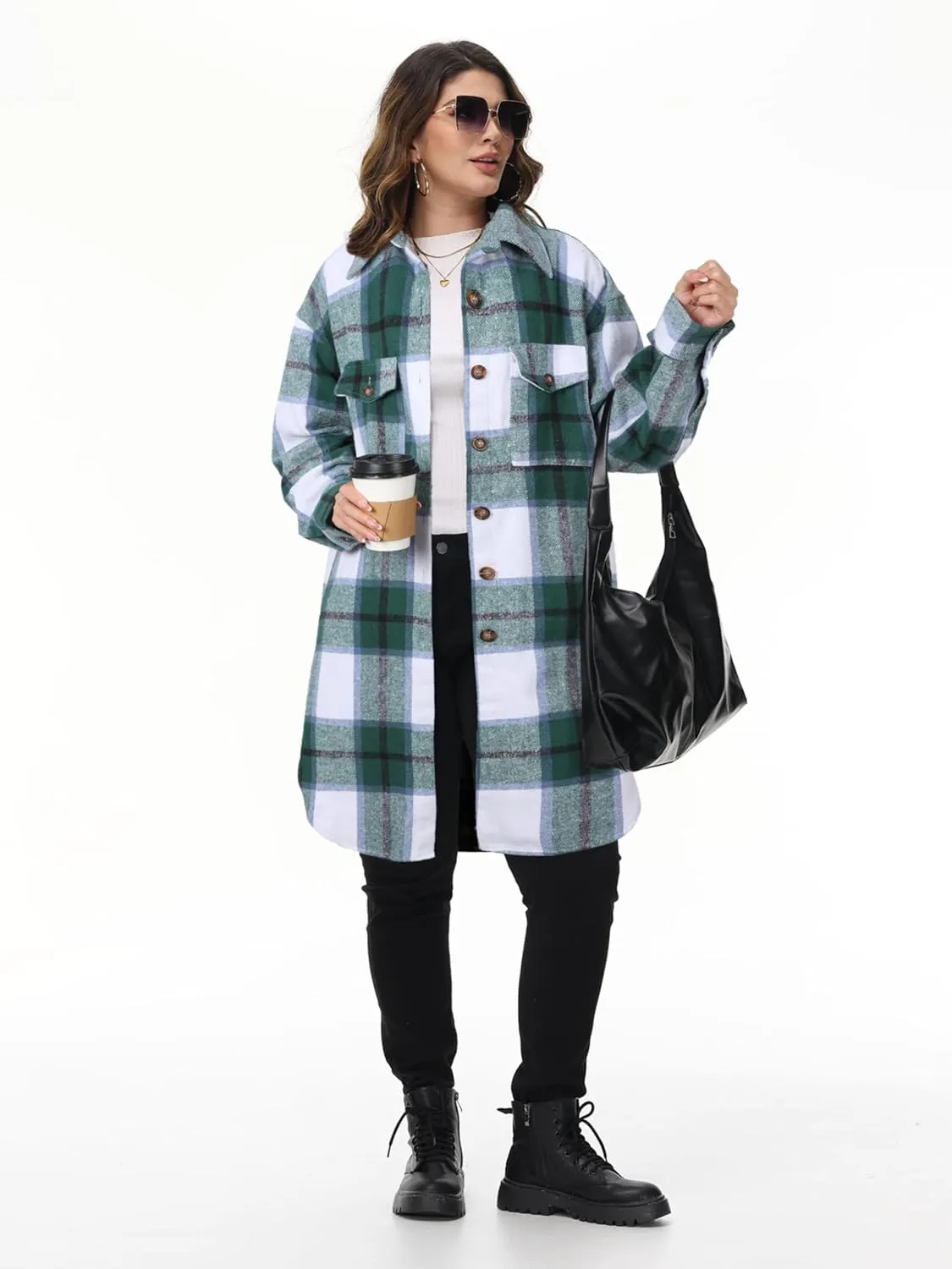 NIeyook Womens Plus Size Shacket Jacket 2024 Fall Plaid Flannel Button Down Shirts Long Sleeve Tartan Jackets Coats