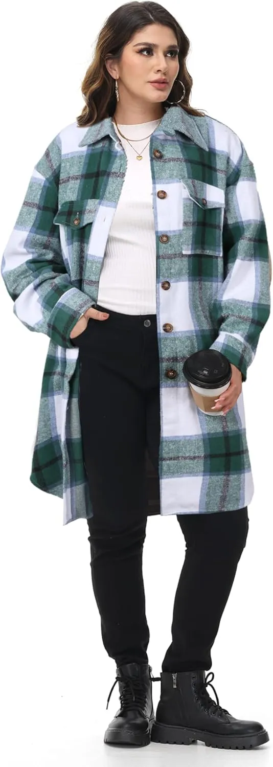 NIeyook Womens Plus Size Shacket Jacket 2024 Fall Plaid Flannel Button Down Shirts Long Sleeve Tartan Jackets Coats