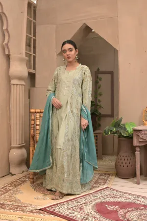 Pista Green Suit with Jacket & Teal Dupatta 4 Piece Suit
