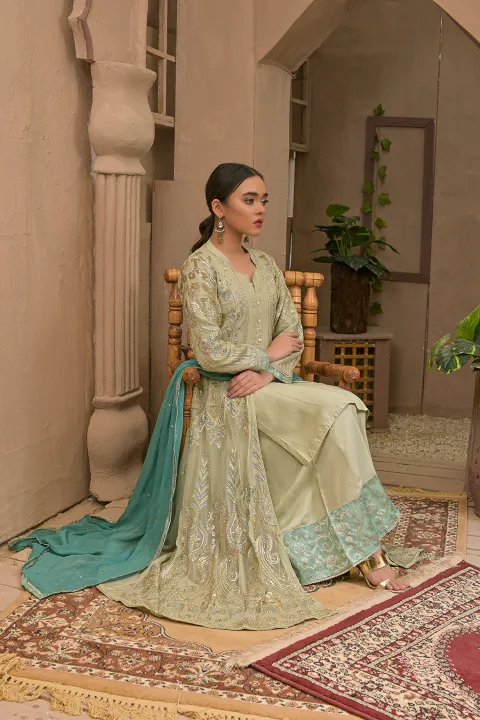 Pista Green Suit with Jacket & Teal Dupatta 4 Piece Suit