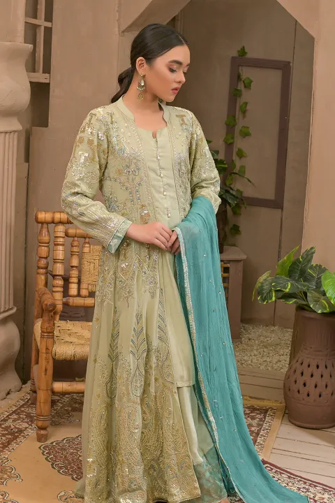 Pista Green Suit with Jacket & Teal Dupatta 4 Piece Suit