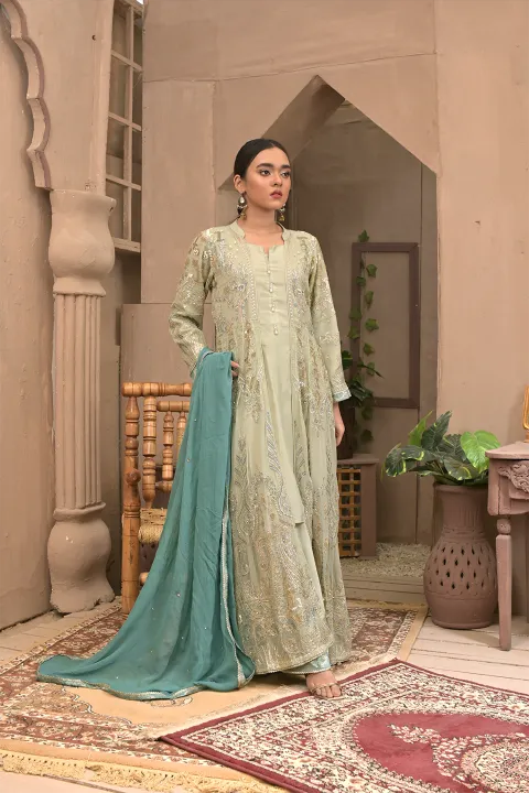 Pista Green Suit with Jacket & Teal Dupatta 4 Piece Suit