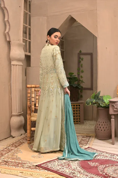 Pista Green Suit with Jacket & Teal Dupatta 4 Piece Suit