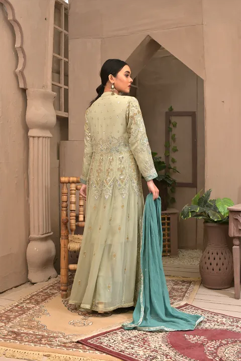Pista Green Suit with Jacket & Teal Dupatta 4 Piece Suit